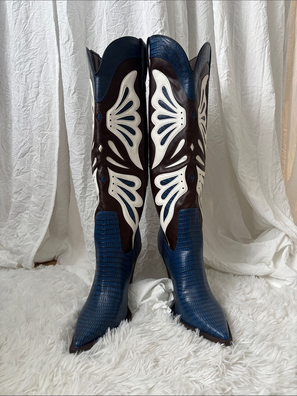 Steve Madden Blue, White & Brown Western Knee-High Heeled Boots
